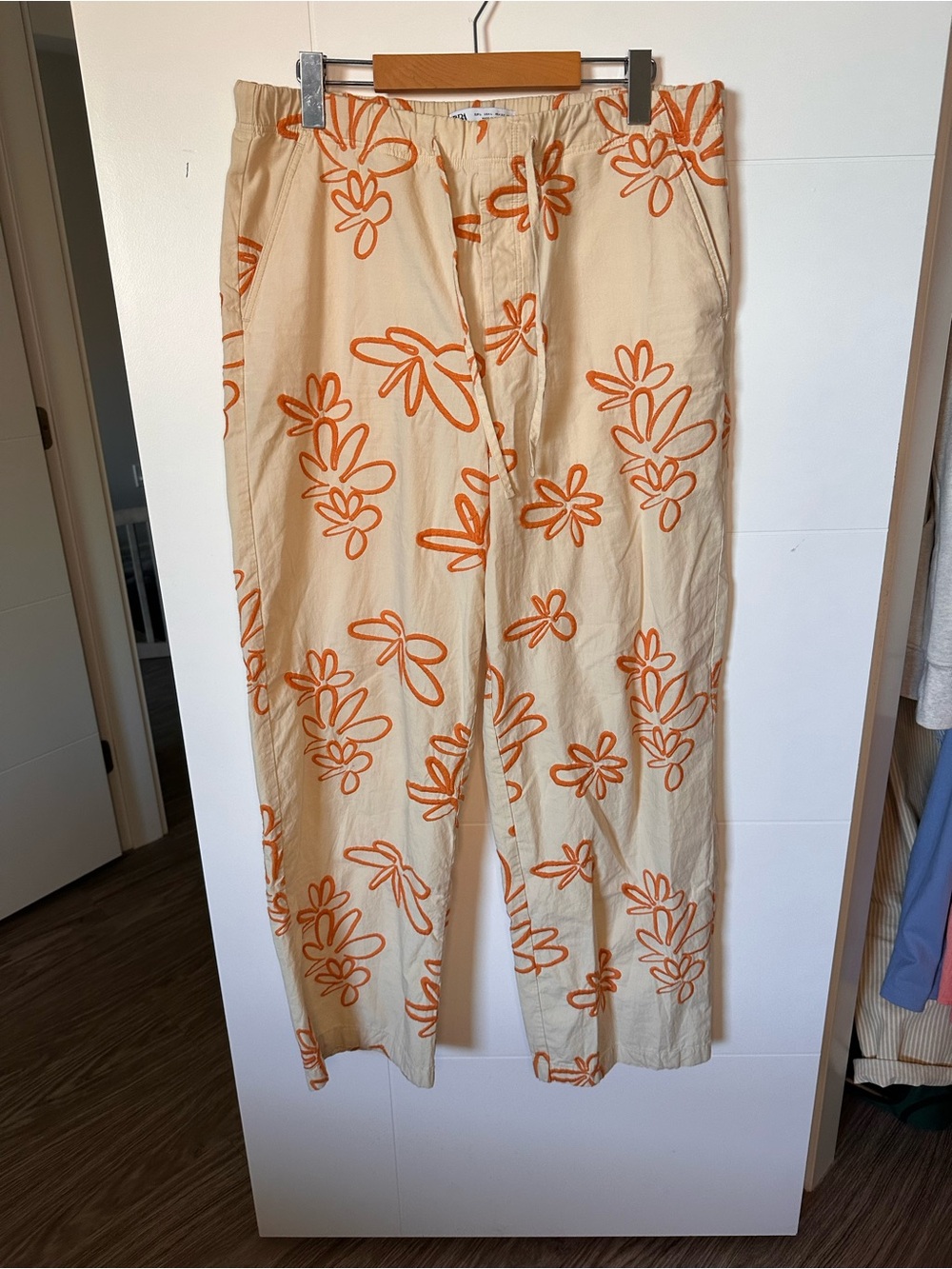 Zara Cotton Embroidered Orange Floral Drawstring Straight Leg Pants Cotton